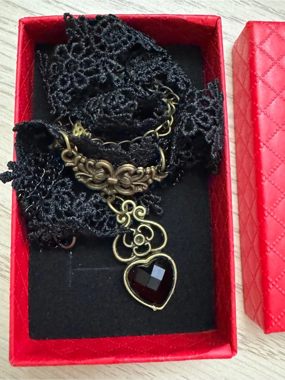 Black Floral Lace Choker Necklace with Heart Pendant
